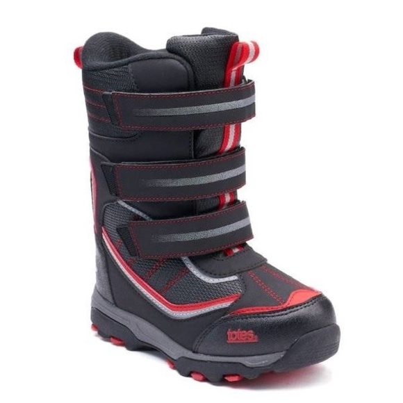 Boys Winter Snow Boots Kids 5 Totes Black Red Silas Synthetic Waterproof Straps - Picture 1 of 4